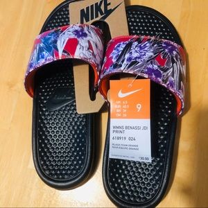 Brand new Nike Sliders size 9 red purple print